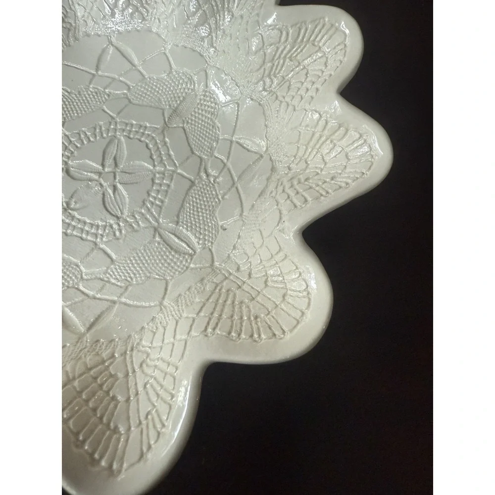 Estate Artist Signed Embossed Cream Pottery Bowl with Scalloped Edge 7
